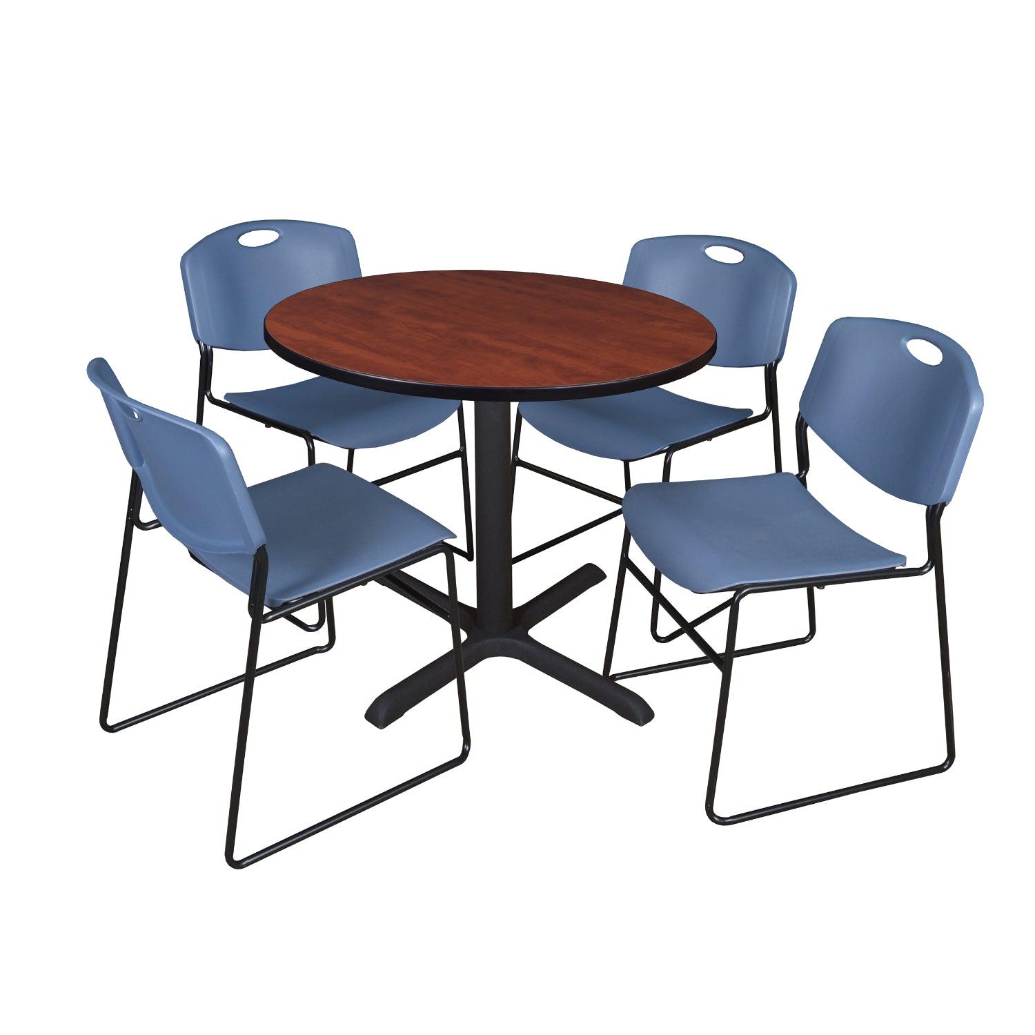 Cain Round Breakroom Table and Chair Package, Cain 42" Round X-Base Breakroom Table with 4 Zeng Stack Chairs