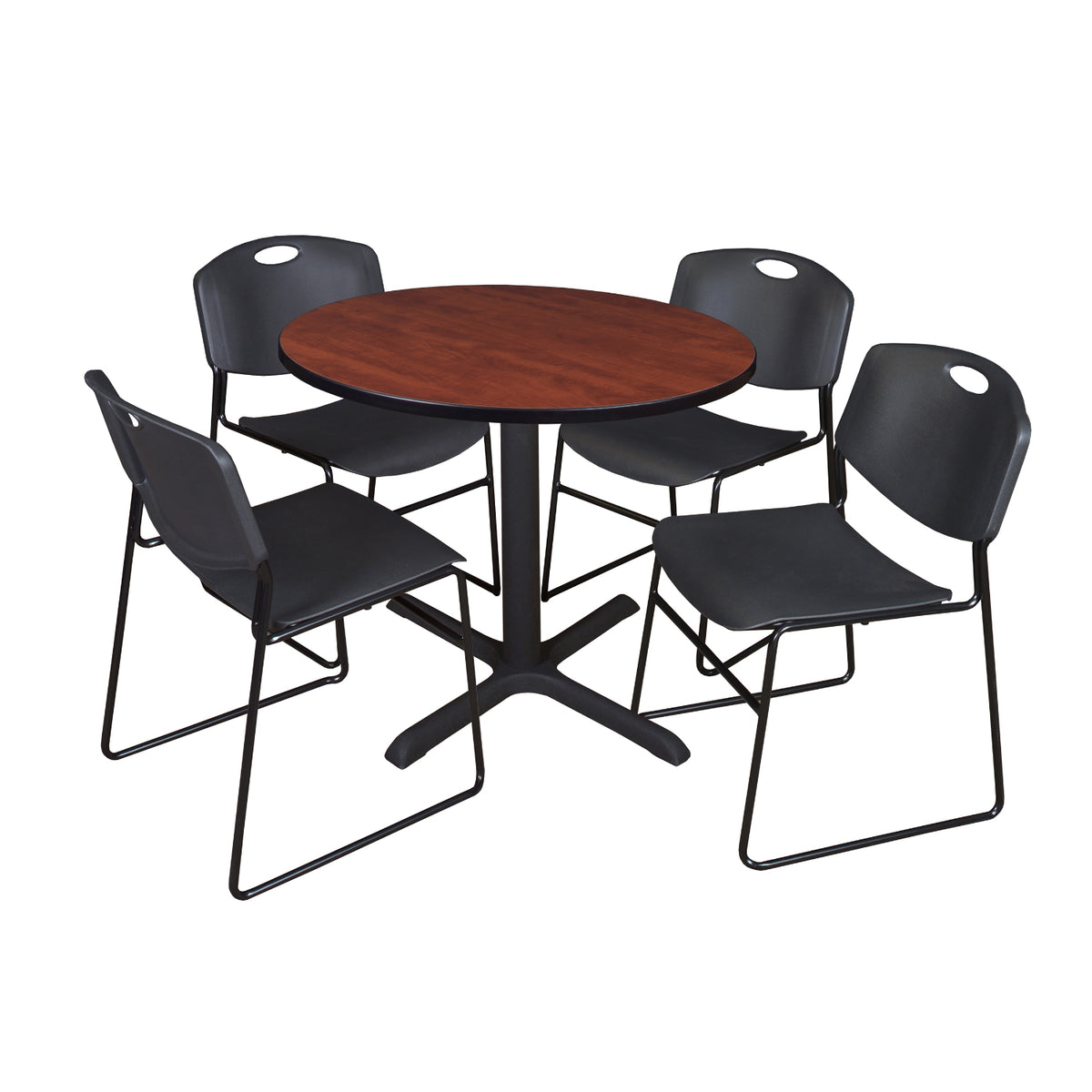 Cain Round Breakroom Table and Chair Package, Cain 42" Round X-Base Breakroom Table with 4 Zeng Stack Chairs