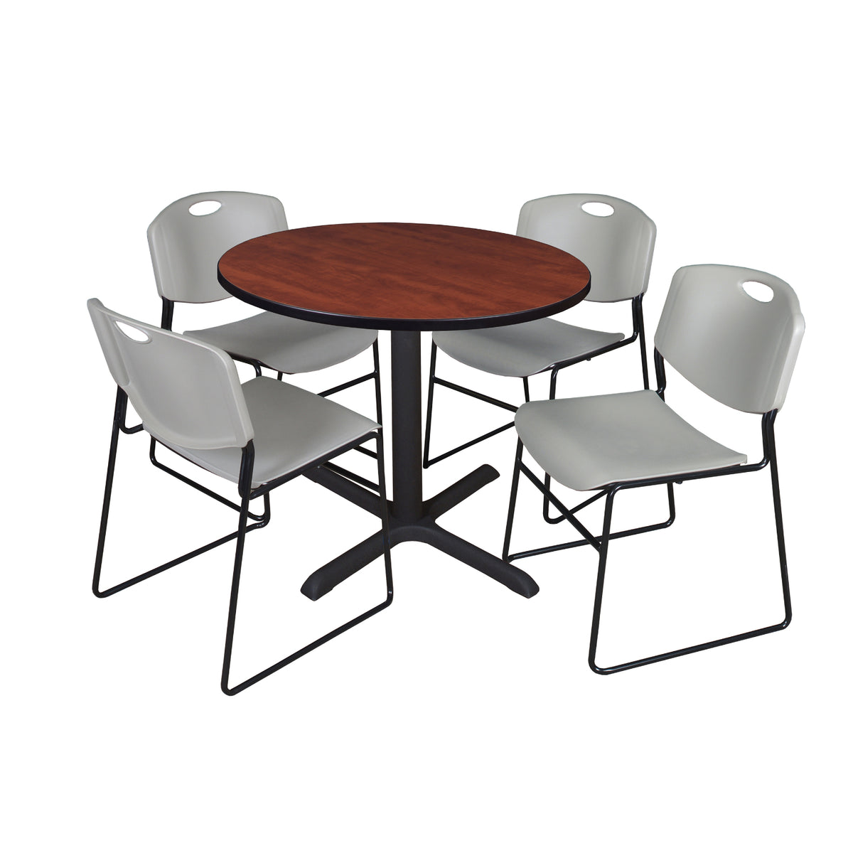 Cain Round Breakroom Table and Chair Package, Cain 42" Round X-Base Breakroom Table with 4 Zeng Stack Chairs