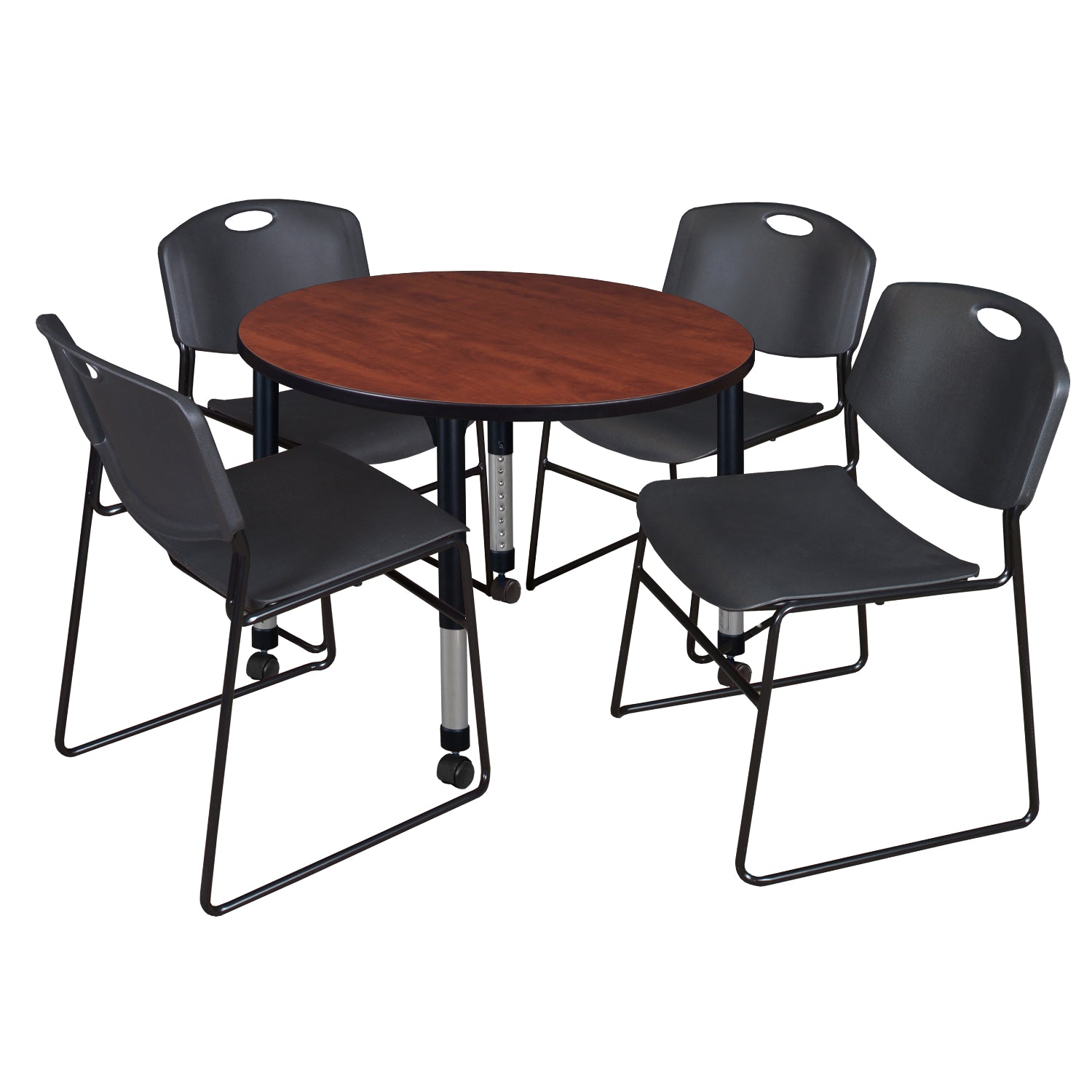 Kee Classroom Table and Chair Package, Kee 42" Round Mobile Adjustable Height Table with 4 Black Zeng Stack Chairs