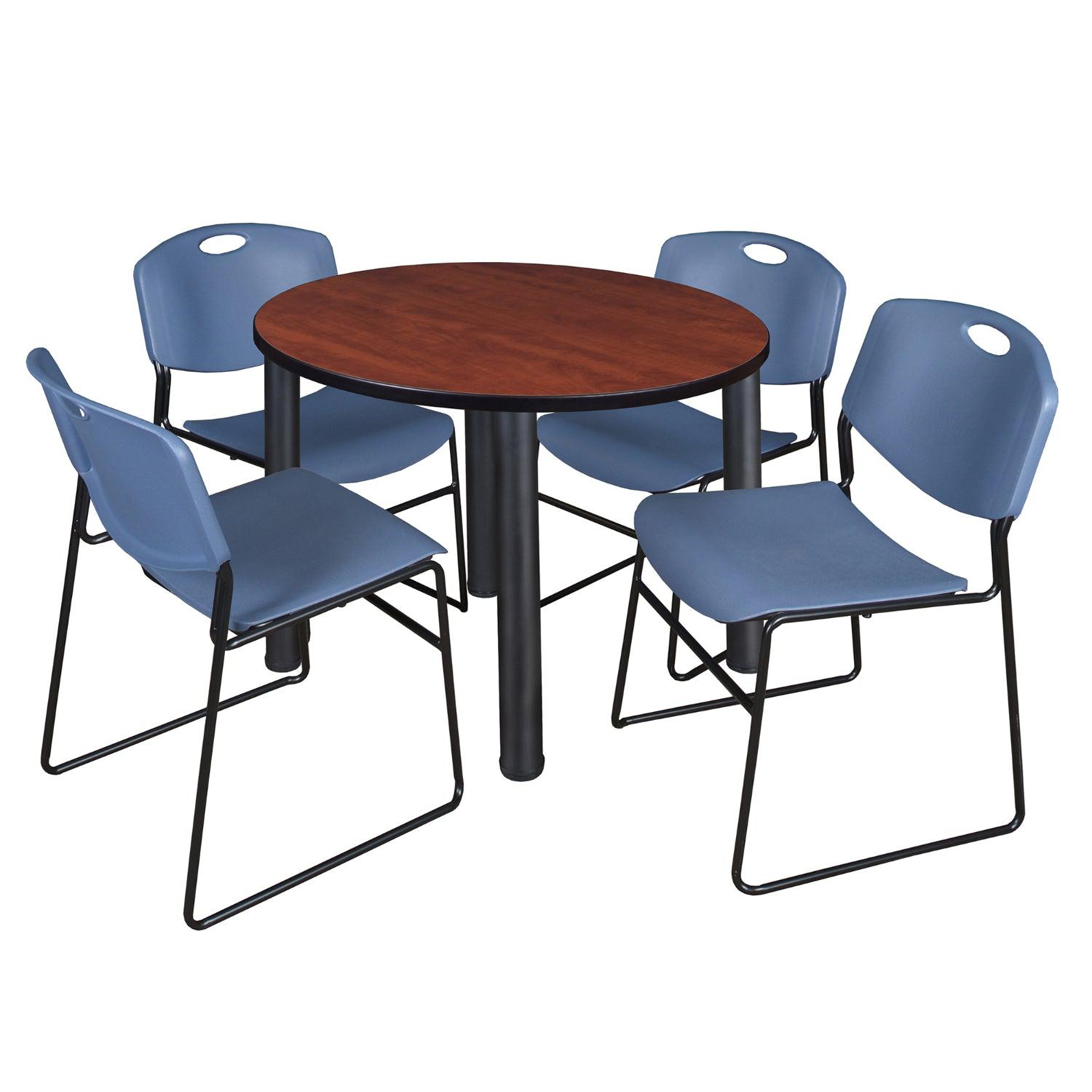 Kee Round Breakroom Table and Chair Package, Kee 42" Round Post-Leg Breakroom Table with 4 Zeng Stack Chairs