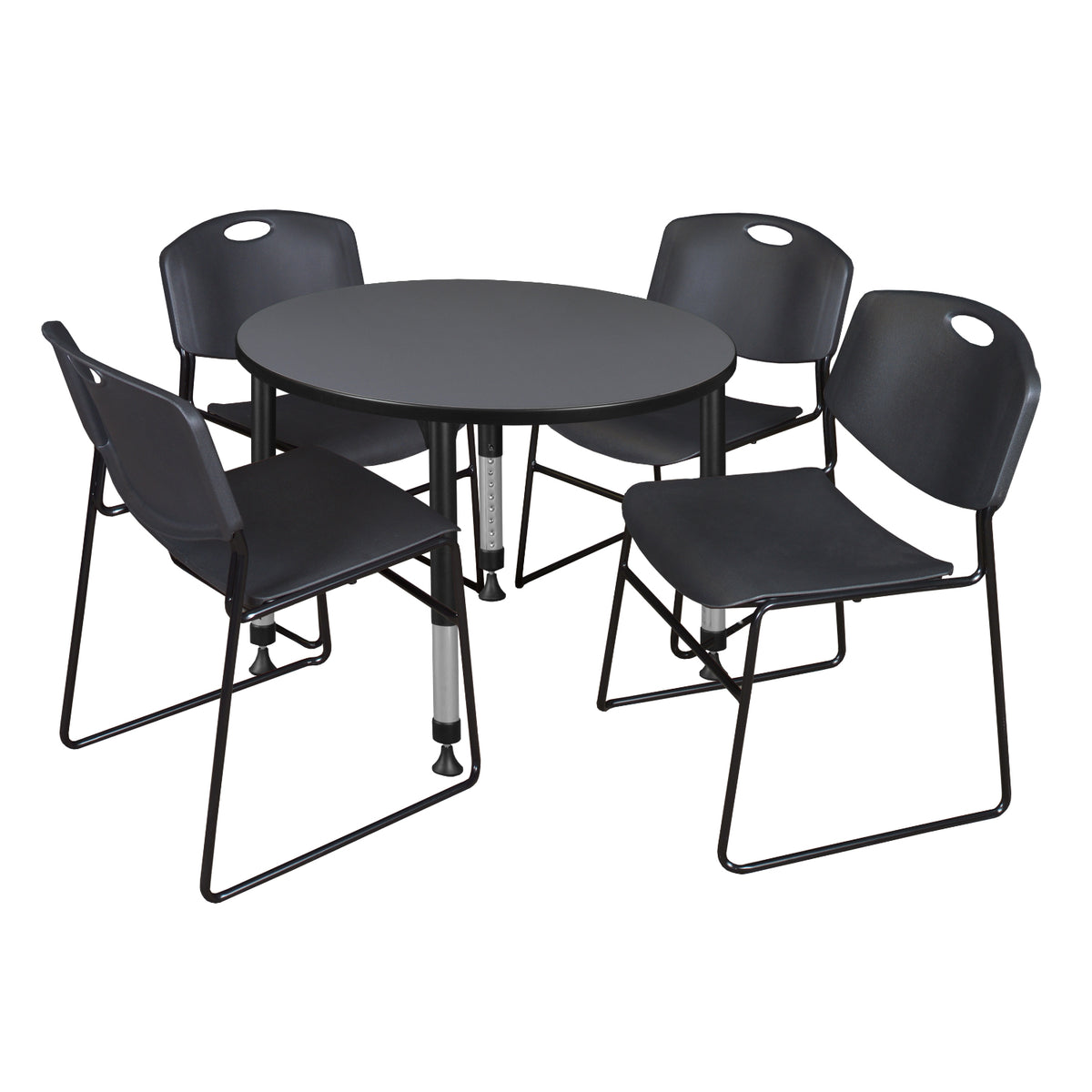Kee Classroom Table and Chair Package, Kee 42" Round Adjustable Height Table with 4 Black Zeng Stack Chairs