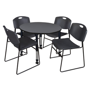 Kee Classroom Table and Chair Package, Kee 42" Round Mobile Adjustable Height Table with 4 Black Zeng Stack Chairs