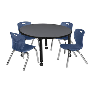 Kee Classroom Table and Chair Package, Kee 42" Round Mobile Adjustable Height Table with 4 Andy 12" Stack Chairs
