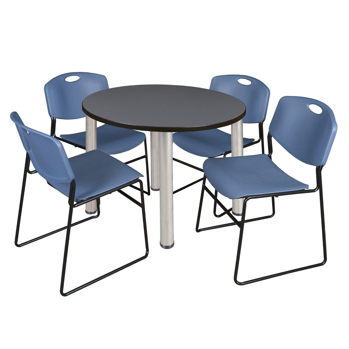 Kee Round Breakroom Table and Chair Package, Kee 42" Round Post-Leg Breakroom Table with 4 Zeng Stack Chairs