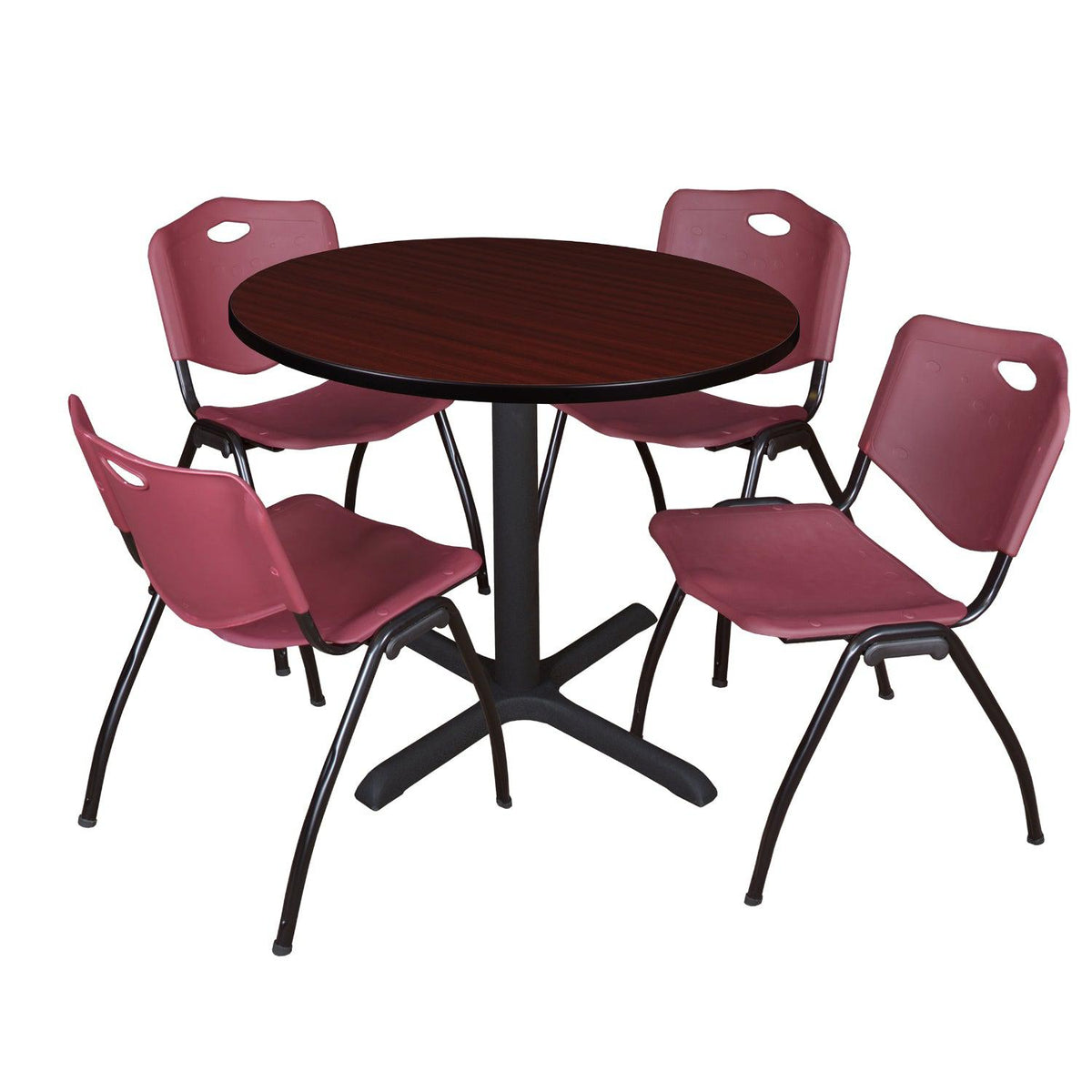 Cain Round Breakroom Table and Chair Package, Cain 42" Round X-Base Breakroom Table with 4 "M" Stack Chairs