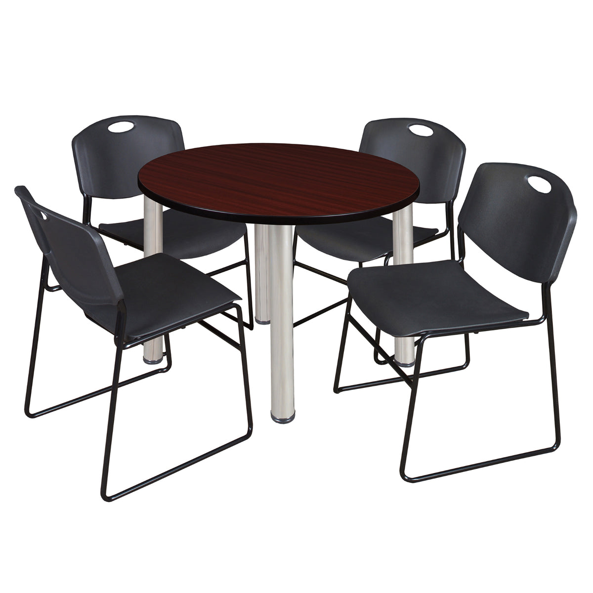 Kee Round Breakroom Table and Chair Package, Kee 42" Round Post-Leg Breakroom Table with 4 Zeng Stack Chairs