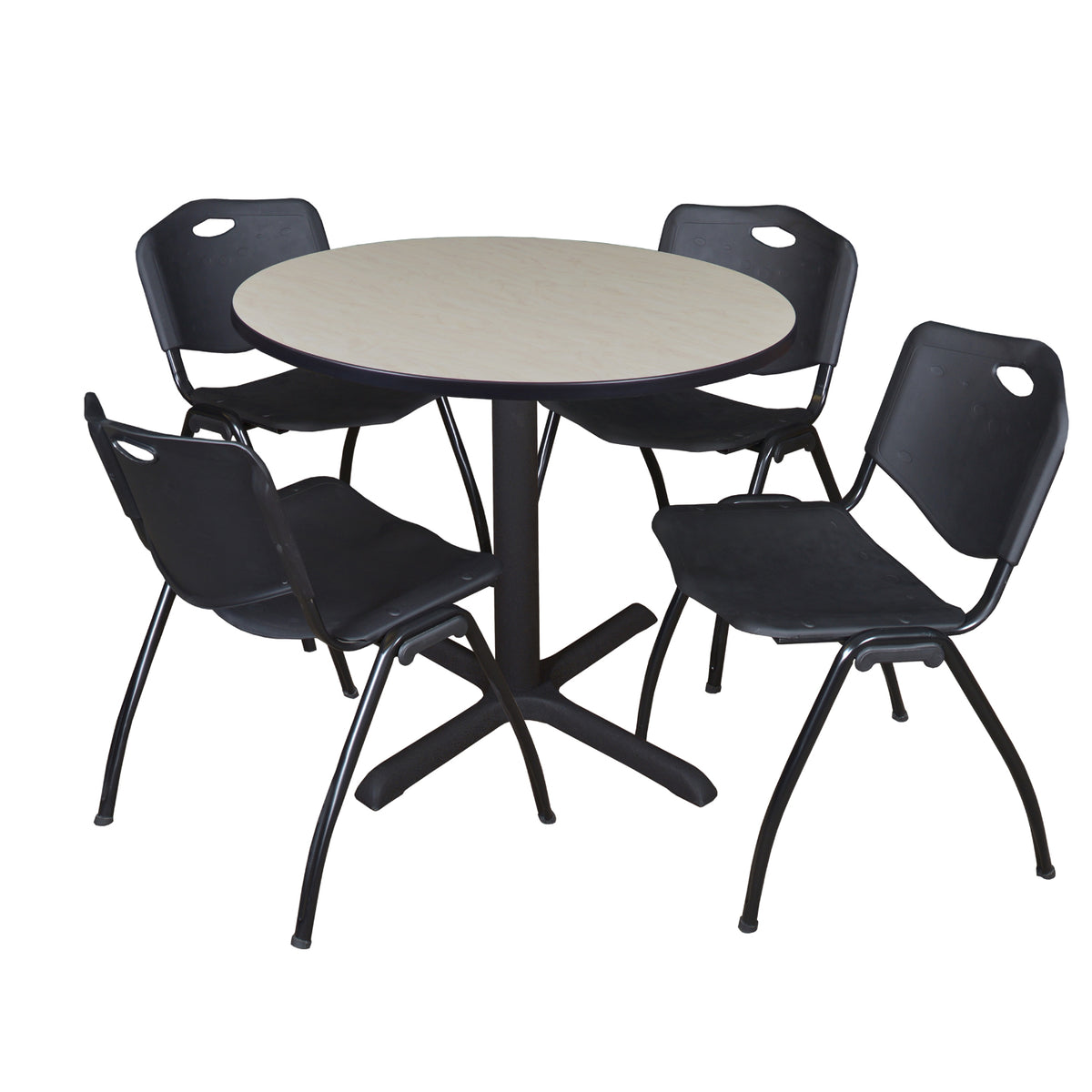 Cain Round Breakroom Table and Chair Package, Cain 42" Round X-Base Breakroom Table with 4 "M" Stack Chairs