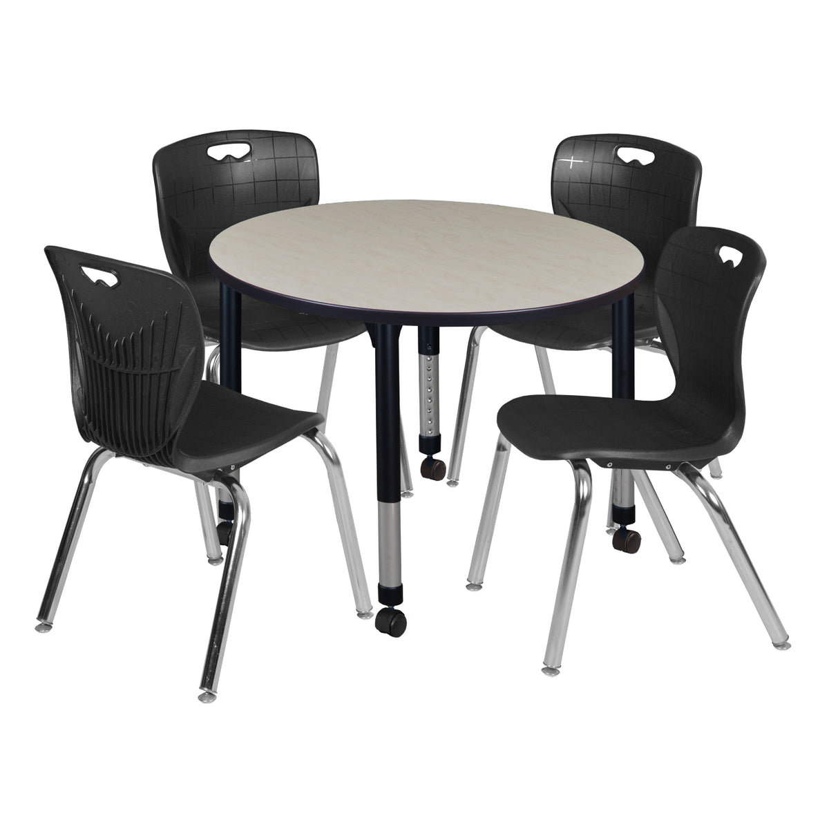 Kee Classroom Table and Chair Package, Kee 42" Round Mobile Adjustable Height Table with 4 Andy 18" Stack Chairs