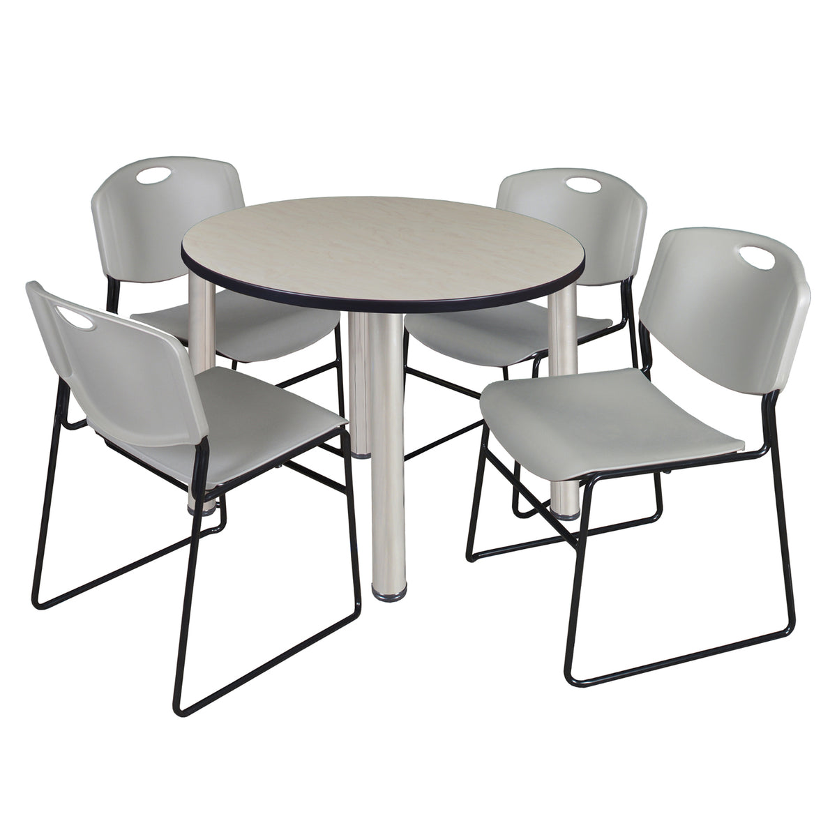 Kee Round Breakroom Table and Chair Package, Kee 42" Round Post-Leg Breakroom Table with 4 Zeng Stack Chairs