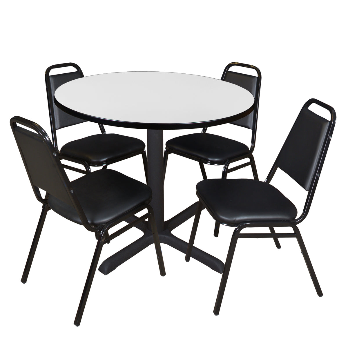 Cain Round Breakroom Table and Chair Package, Cain 42" Round X-Base Breakroom Table with 4 Restaurant Stack Chairs