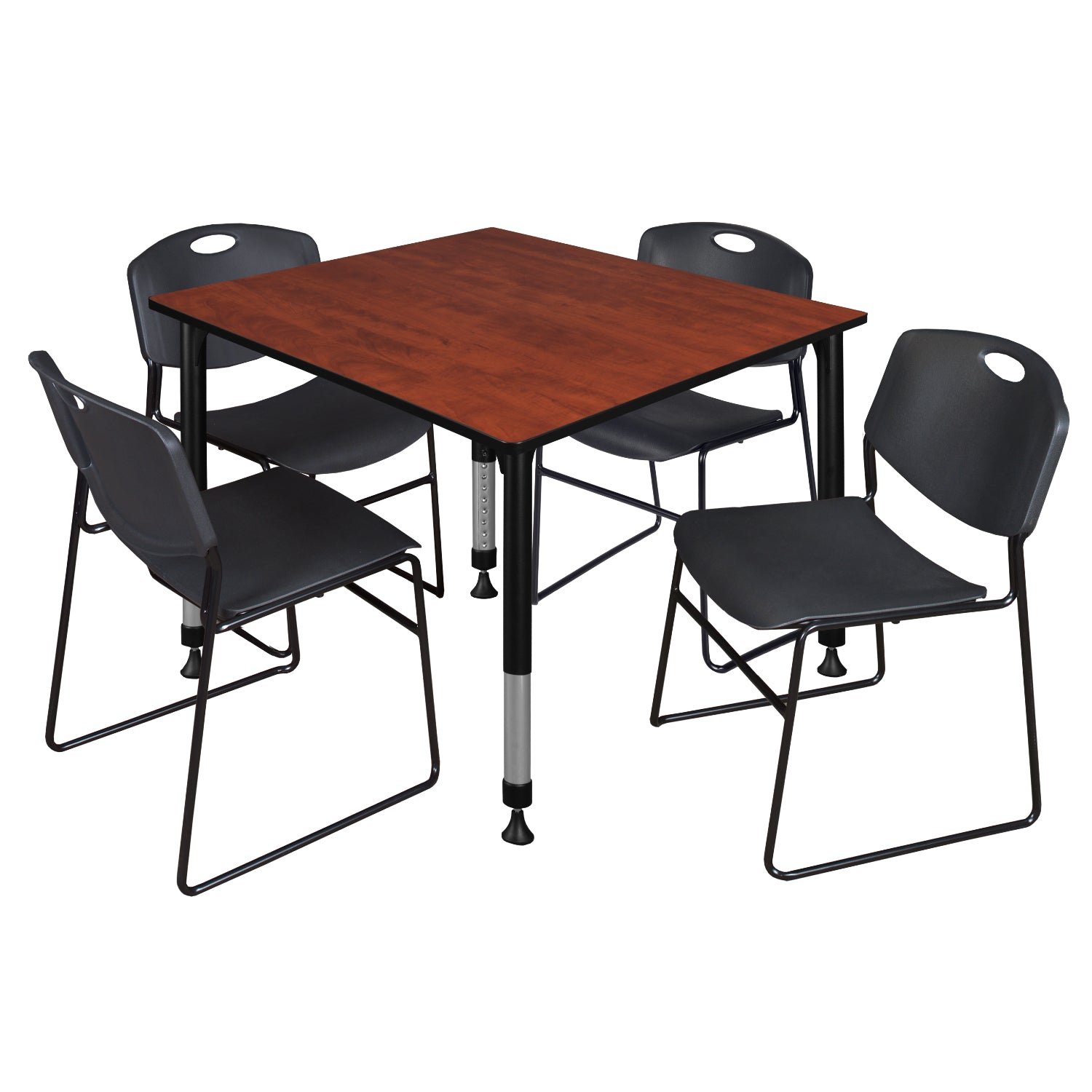 Kee Classroom Table and Chair Package, Kee 48" Square Adjustable Height Table with 4 Black Zeng Stack Chairs