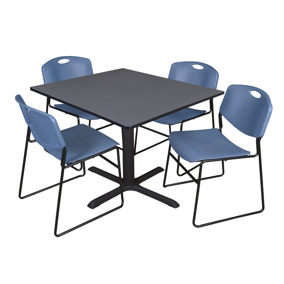 Cain Square Breakroom Table and Chair Package, Cain 48" Square X-Base Breakroom Table with 4 Zeng Stack Chairs