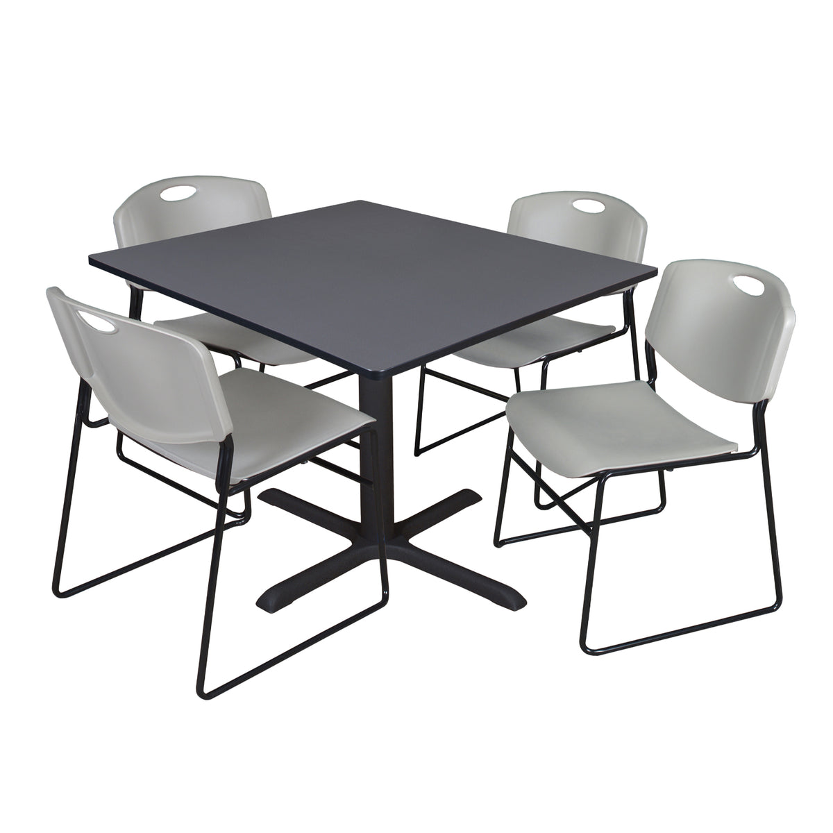 Cain Square Breakroom Table and Chair Package, Cain 48" Square X-Base Breakroom Table with 4 Zeng Stack Chairs