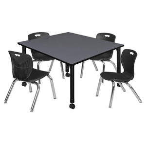 Kee Classroom Table and Chair Package, Kee 48" Square Mobile Adjustable Height Table with 4 Andy 12" Stack Chairs