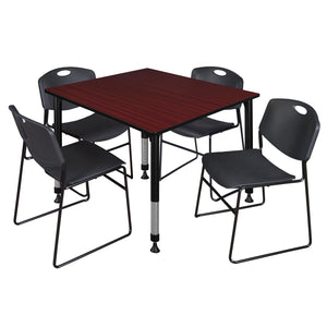 Kee Classroom Table and Chair Package, Kee 48" Square Adjustable Height Table with 4 Black Zeng Stack Chairs