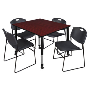 Kee Classroom Table and Chair Package, Kee 48" Square Mobile Adjustable Height Table with 4 Black Zeng Stack Chairs