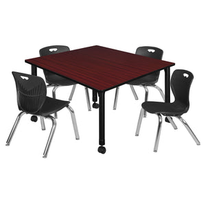 Kee Classroom Table and Chair Package, Kee 48" Square Mobile Adjustable Height Table with 4 Andy 12" Stack Chairs