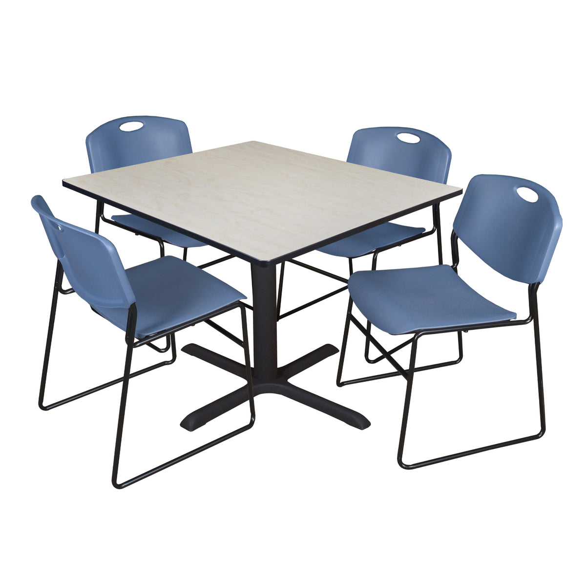 Cain Square Breakroom Table and Chair Package, Cain 48" Square X-Base Breakroom Table with 4 Zeng Stack Chairs