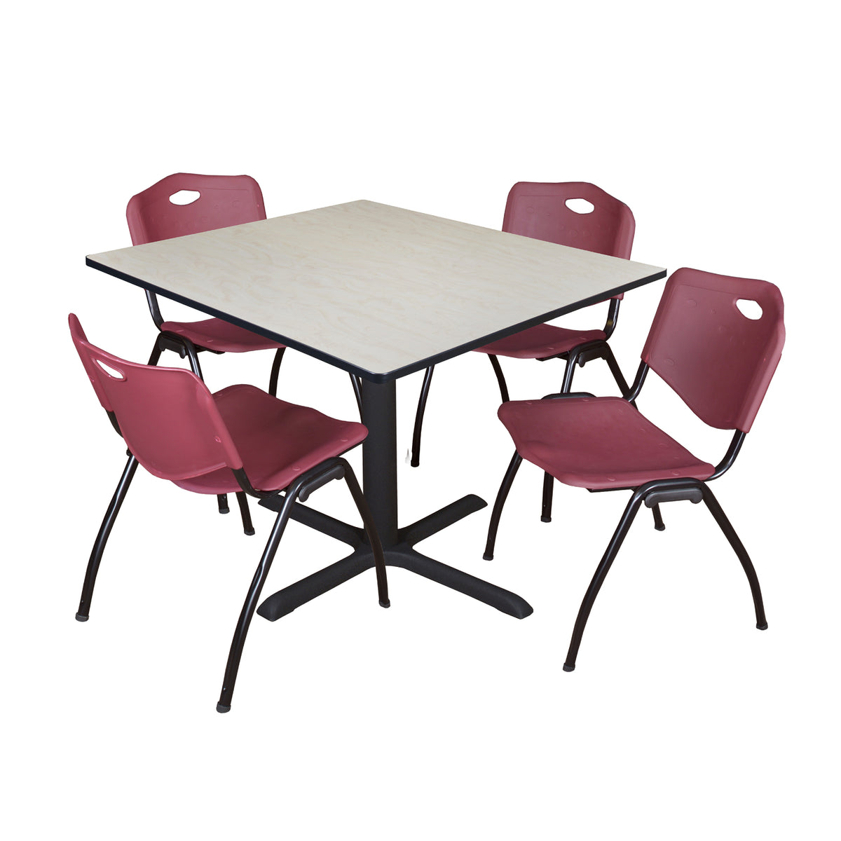 Cain Square Breakroom Table and Chair Package, Cain 48" Square X-Base Breakroom Table with 4 "M" Stack Chairs