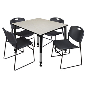 Kee Classroom Table and Chair Package, Kee 48" Square Adjustable Height Table with 4 Black Zeng Stack Chairs