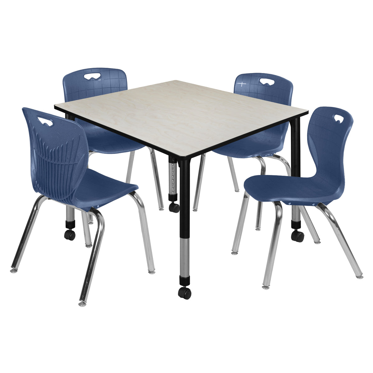 Kee Classroom Table and Chair Package, Kee 48" Square Mobile Adjustable Height Table with 4 Andy 18" Stack Chairs