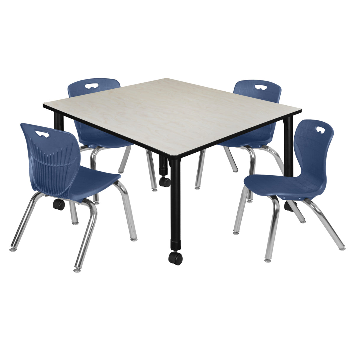 Kee Classroom Table and Chair Package, Kee 48" Square Mobile Adjustable Height Table with 4 Andy 12" Stack Chairs