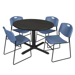 Cain Round Breakroom Table and Chair Package, Cain 48" Round X-Base Breakroom Table with 4 Zeng Stack Chairs