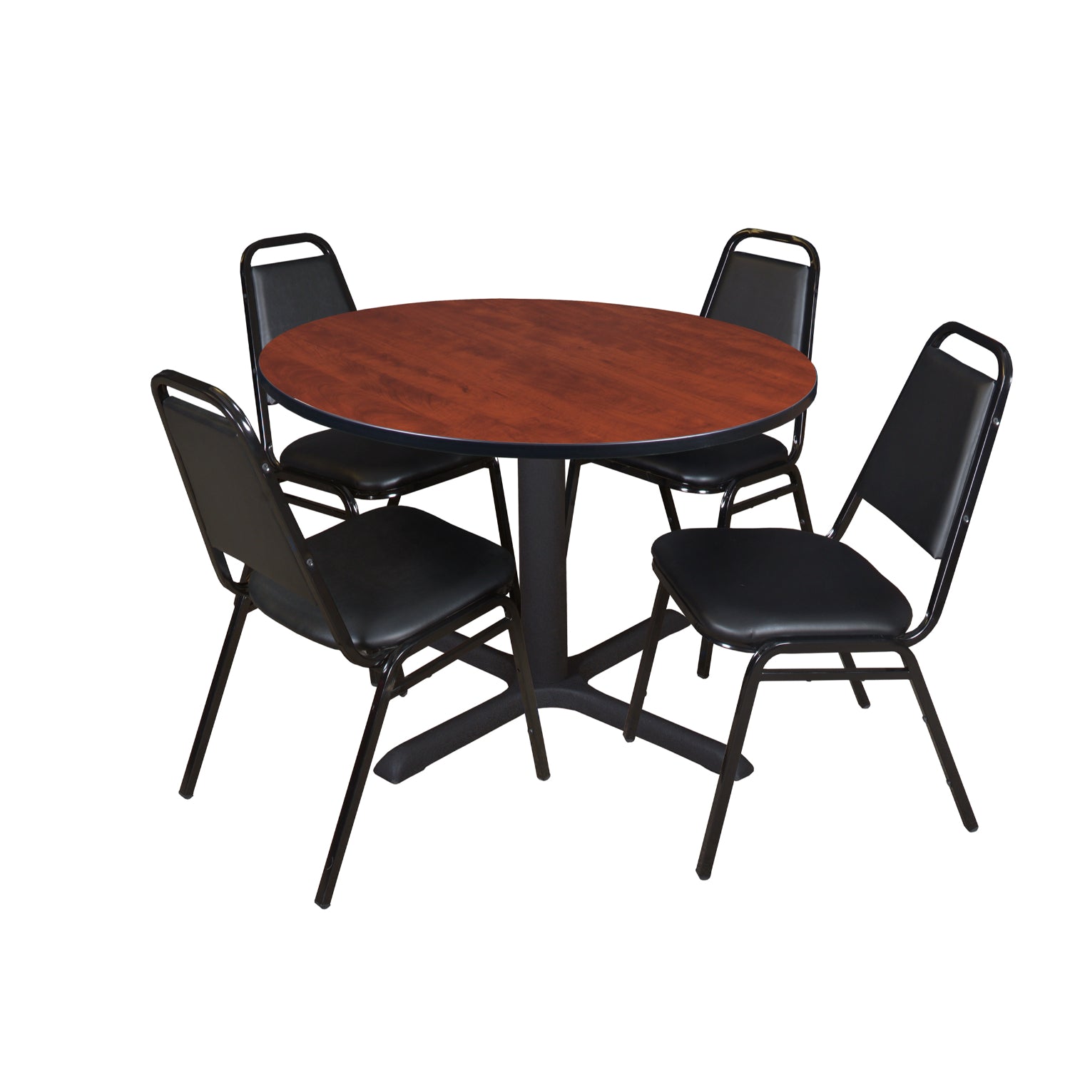 Cain Round Breakroom Table and Chair Package, Cain 48" Round X-Base Breakroom Table with 4 Restaurant Stack Chairs