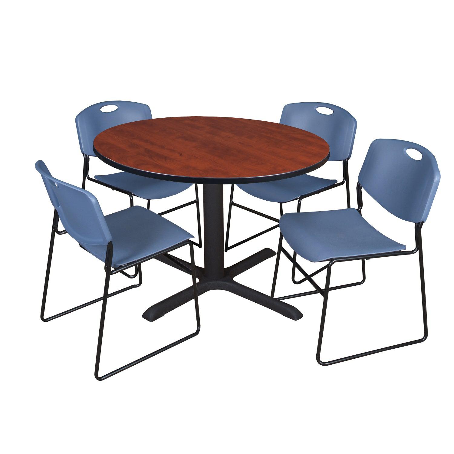 Cain Round Breakroom Table and Chair Package, Cain 48" Round X-Base Breakroom Table with 4 Zeng Stack Chairs