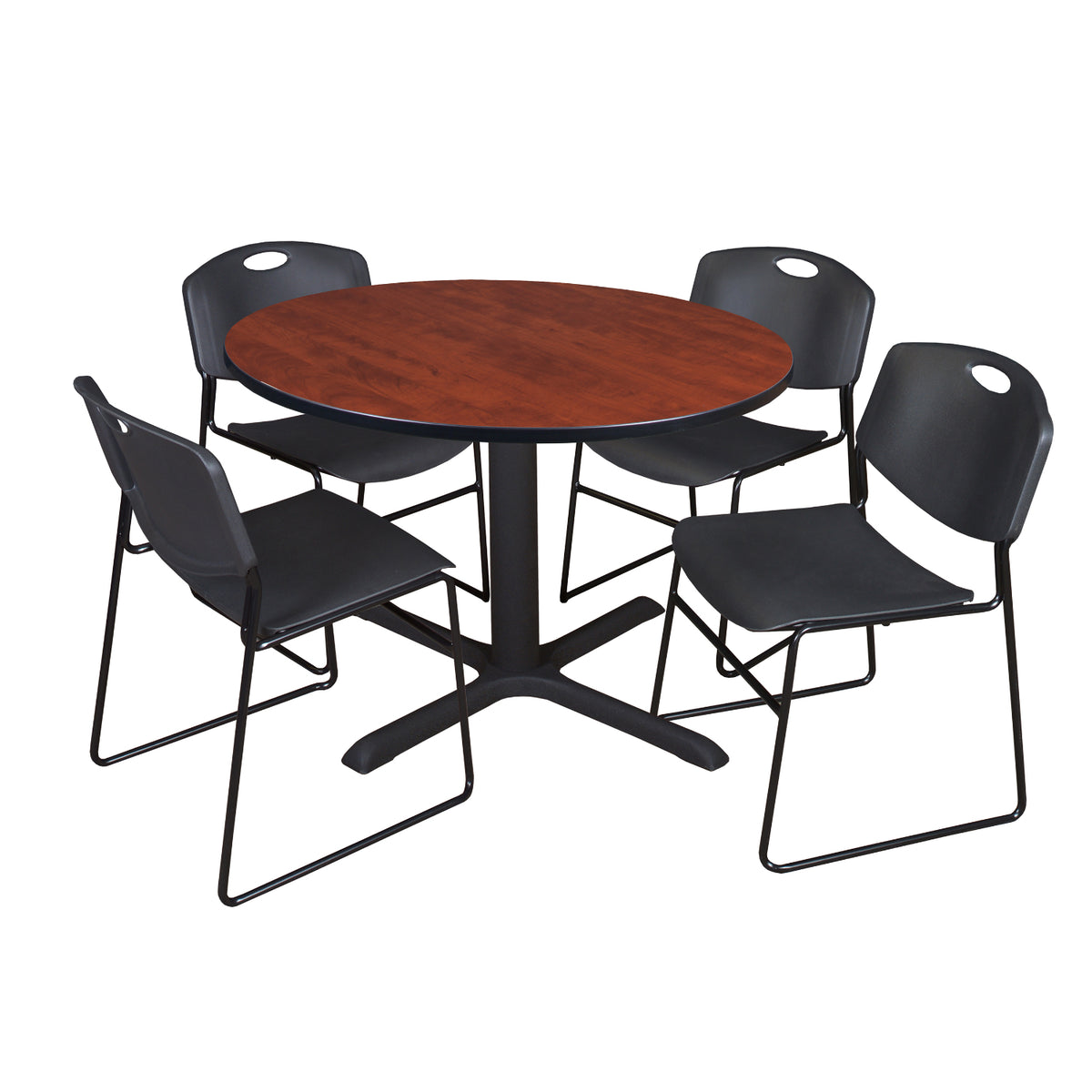 Cain Round Breakroom Table and Chair Package, Cain 48" Round X-Base Breakroom Table with 4 Zeng Stack Chairs