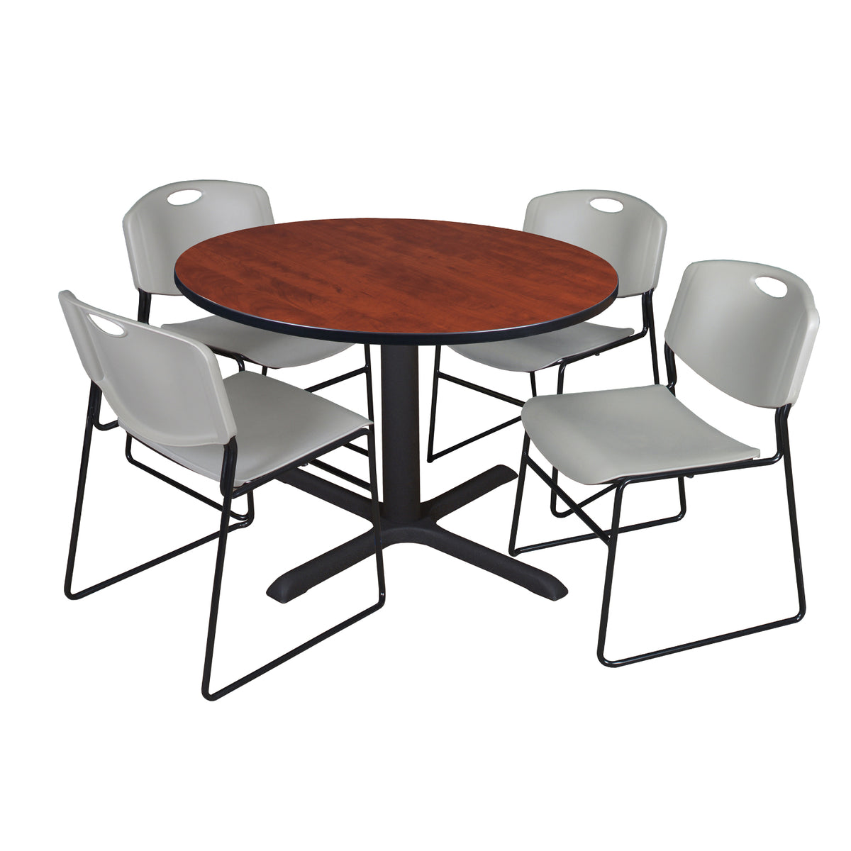 Cain Round Breakroom Table and Chair Package, Cain 48" Round X-Base Breakroom Table with 4 Zeng Stack Chairs