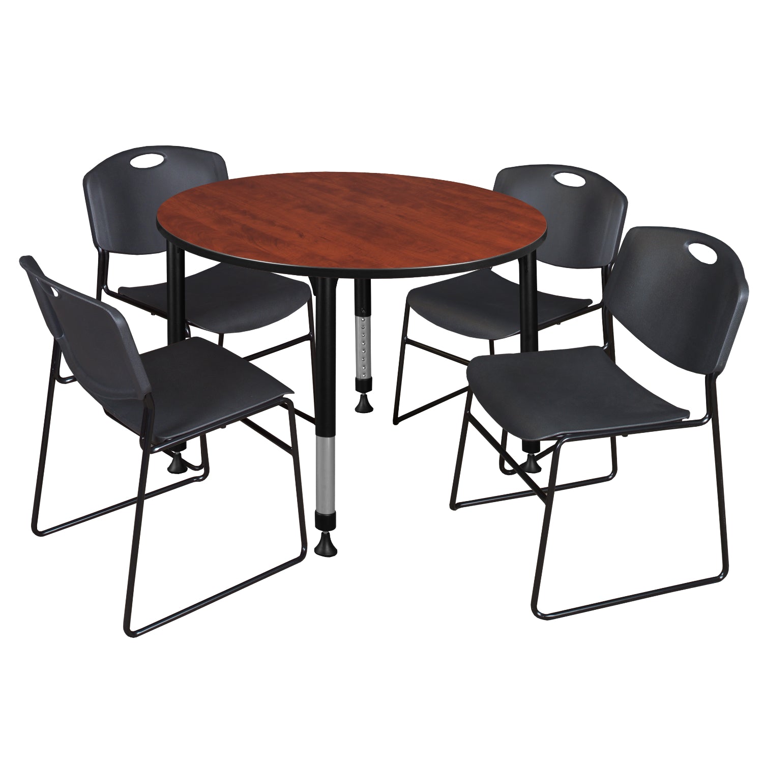 Kee Classroom Table and Chair Package, Kee 48" Round Adjustable Height Table with 4 Black Zeng Stack Chairs