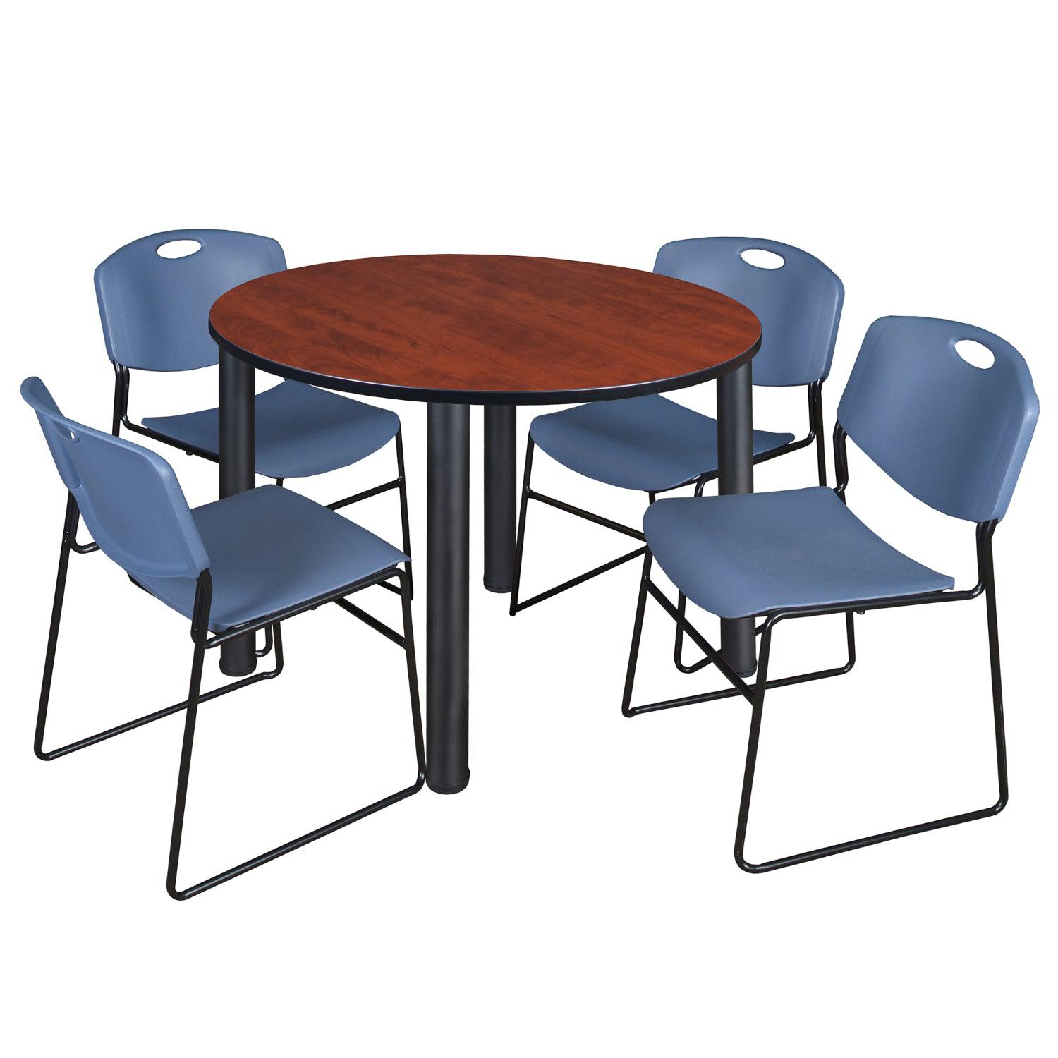 Kee Round Breakroom Table and Chair Package, Kee 48" Round Post-Leg Breakroom Table with 4 Zeng Stack Chairs