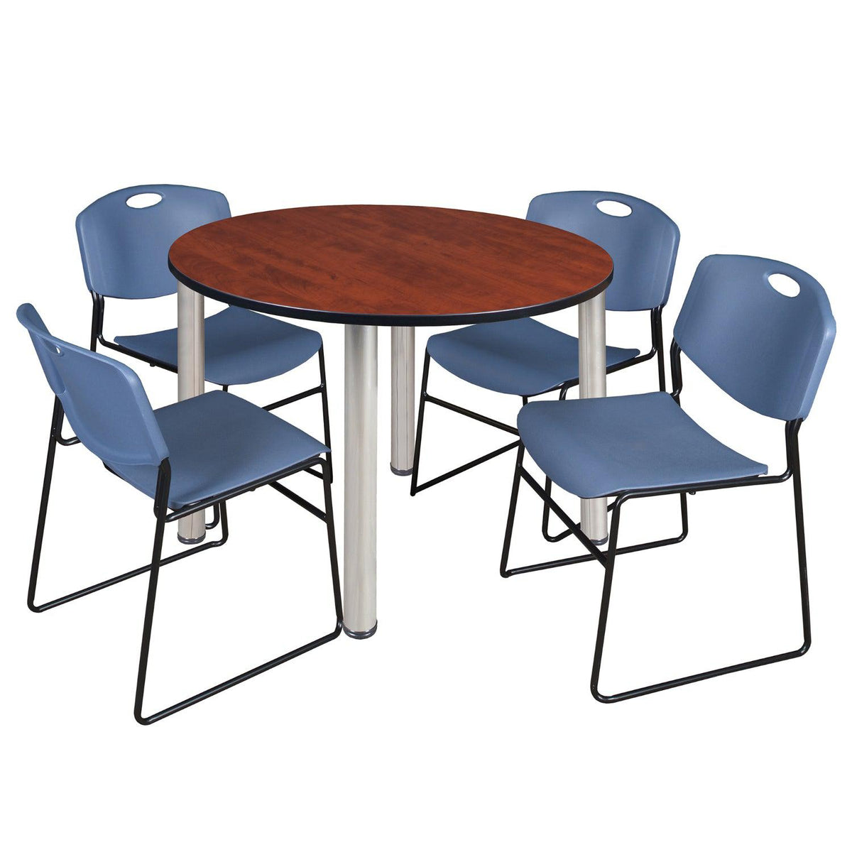 Kee Round Breakroom Table and Chair Package, Kee 48" Round Post-Leg Breakroom Table with 4 Zeng Stack Chairs