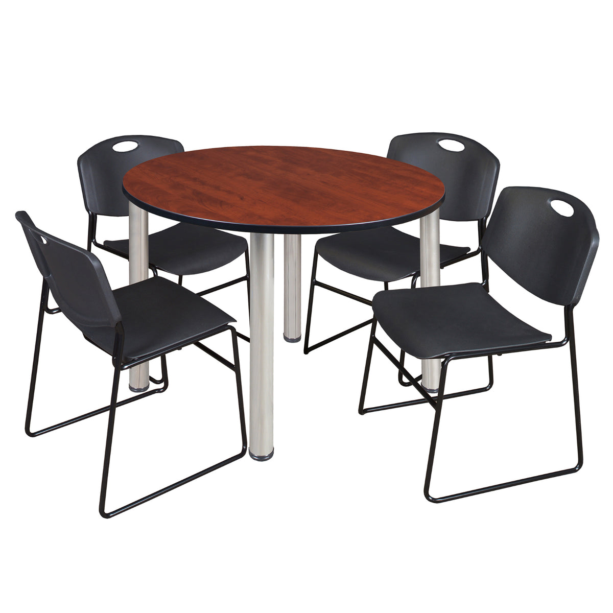 Kee Round Breakroom Table and Chair Package, Kee 48" Round Post-Leg Breakroom Table with 4 Zeng Stack Chairs