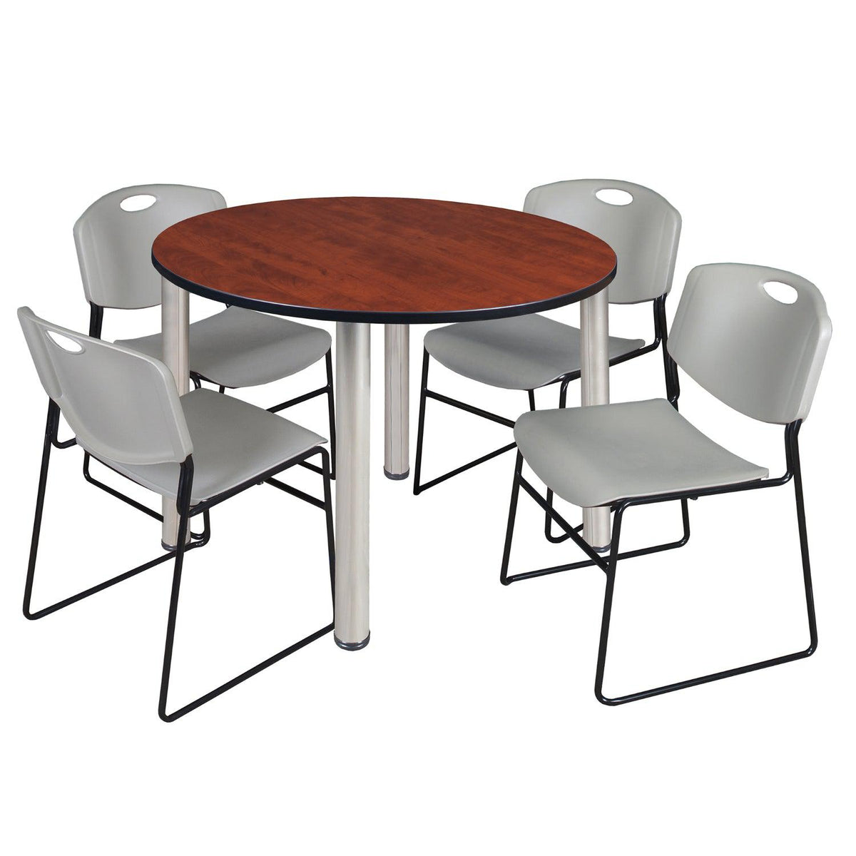 Kee Round Breakroom Table and Chair Package, Kee 48" Round Post-Leg Breakroom Table with 4 Zeng Stack Chairs
