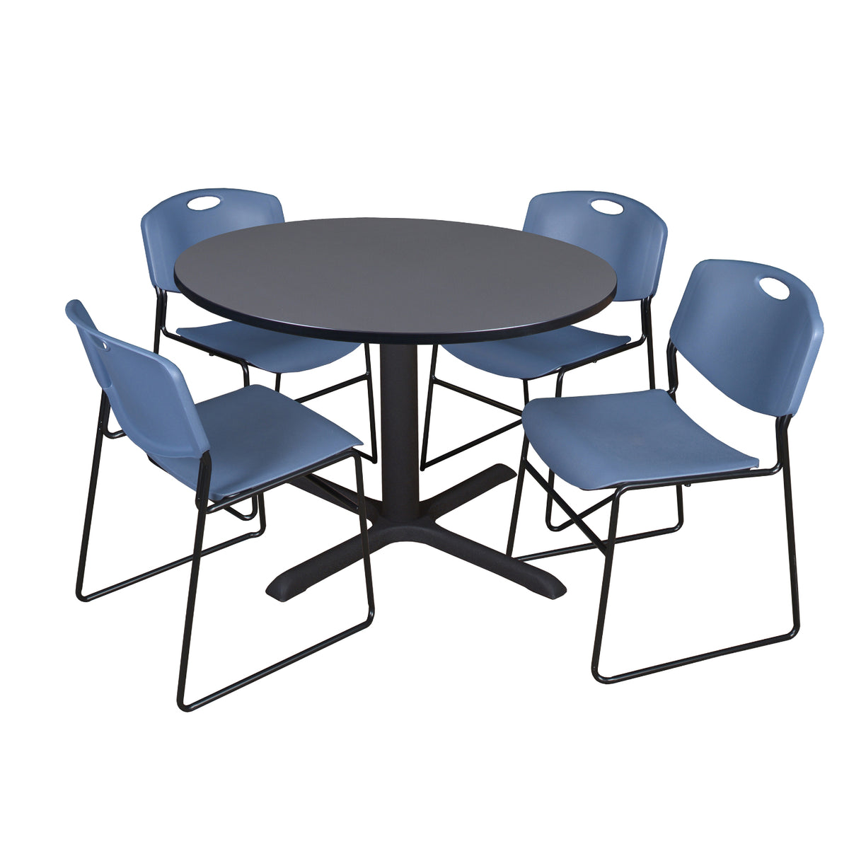 Cain Round Breakroom Table and Chair Package, Cain 48" Round X-Base Breakroom Table with 4 Zeng Stack Chairs