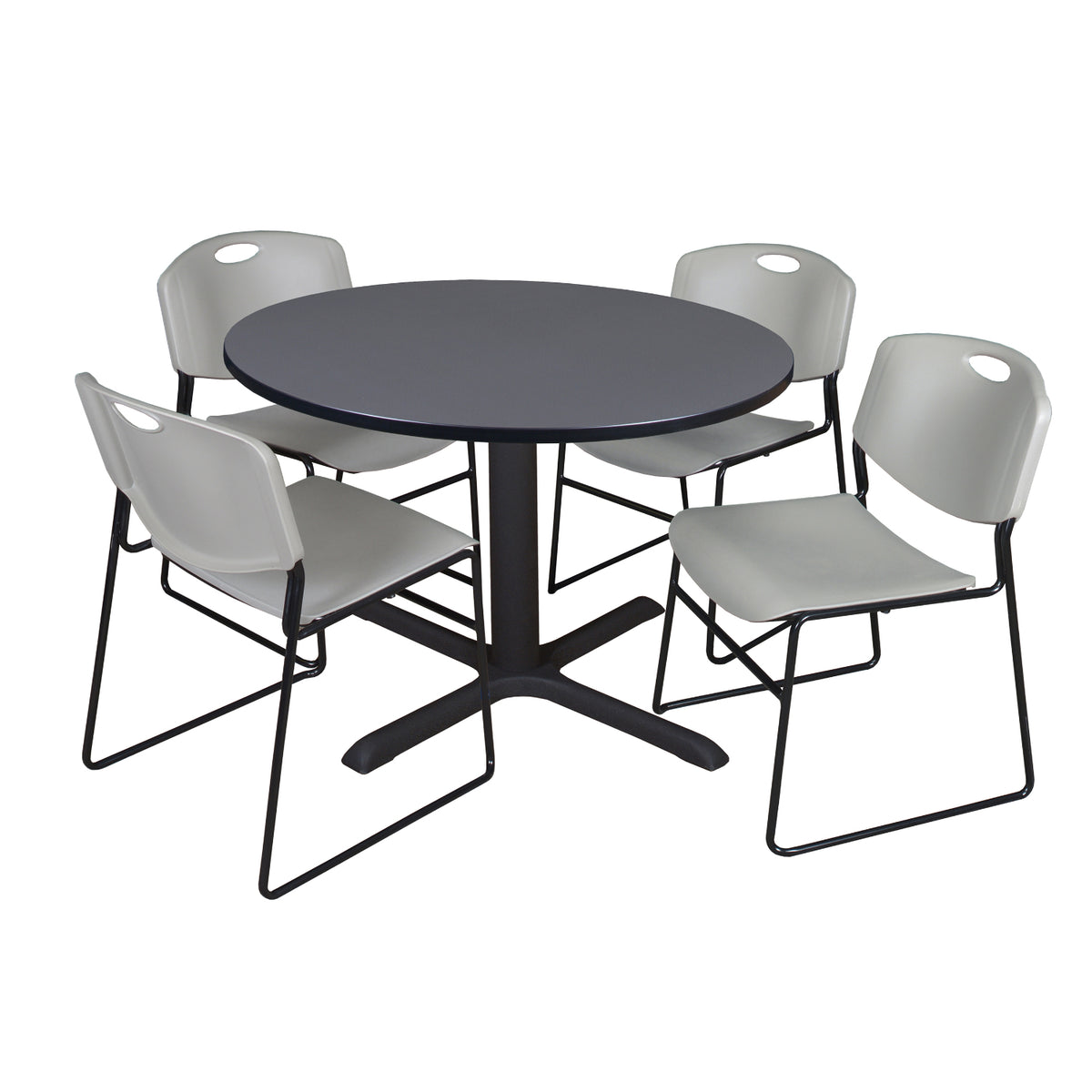 Cain Round Breakroom Table and Chair Package, Cain 48" Round X-Base Breakroom Table with 4 Zeng Stack Chairs