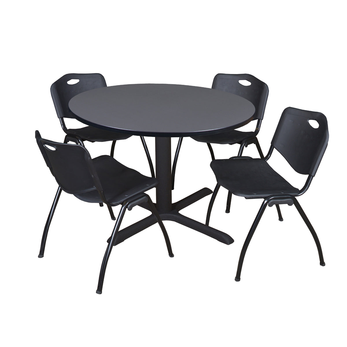 Cain Round Breakroom Table and Chair Package, Cain 48" Round X-Base Breakroom Table with 4 "M" Stack Chairs
