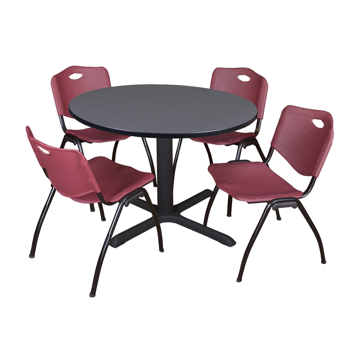 Cain Round Breakroom Table and Chair Package, Cain 48" Round X-Base Breakroom Table with 4 "M" Stack Chairs