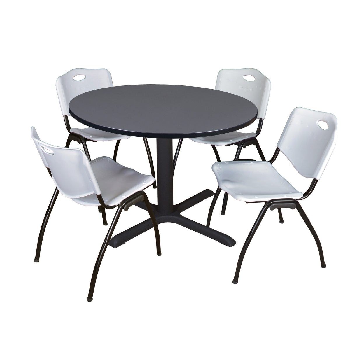 Cain Round Breakroom Table and Chair Package, Cain 48" Round X-Base Breakroom Table with 4 "M" Stack Chairs