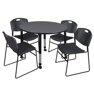 Kee Classroom Table and Chair Package, Kee 48" Round Mobile Adjustable Height Table with 4 Black Zeng Stack Chairs