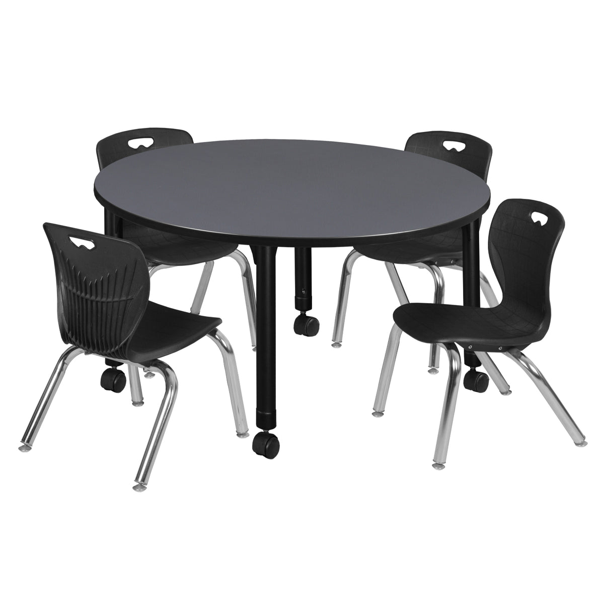 Kee Classroom Table and Chair Package, Kee 48" Round Mobile Adjustable Height Table with 4 Andy 12" Stack Chairs