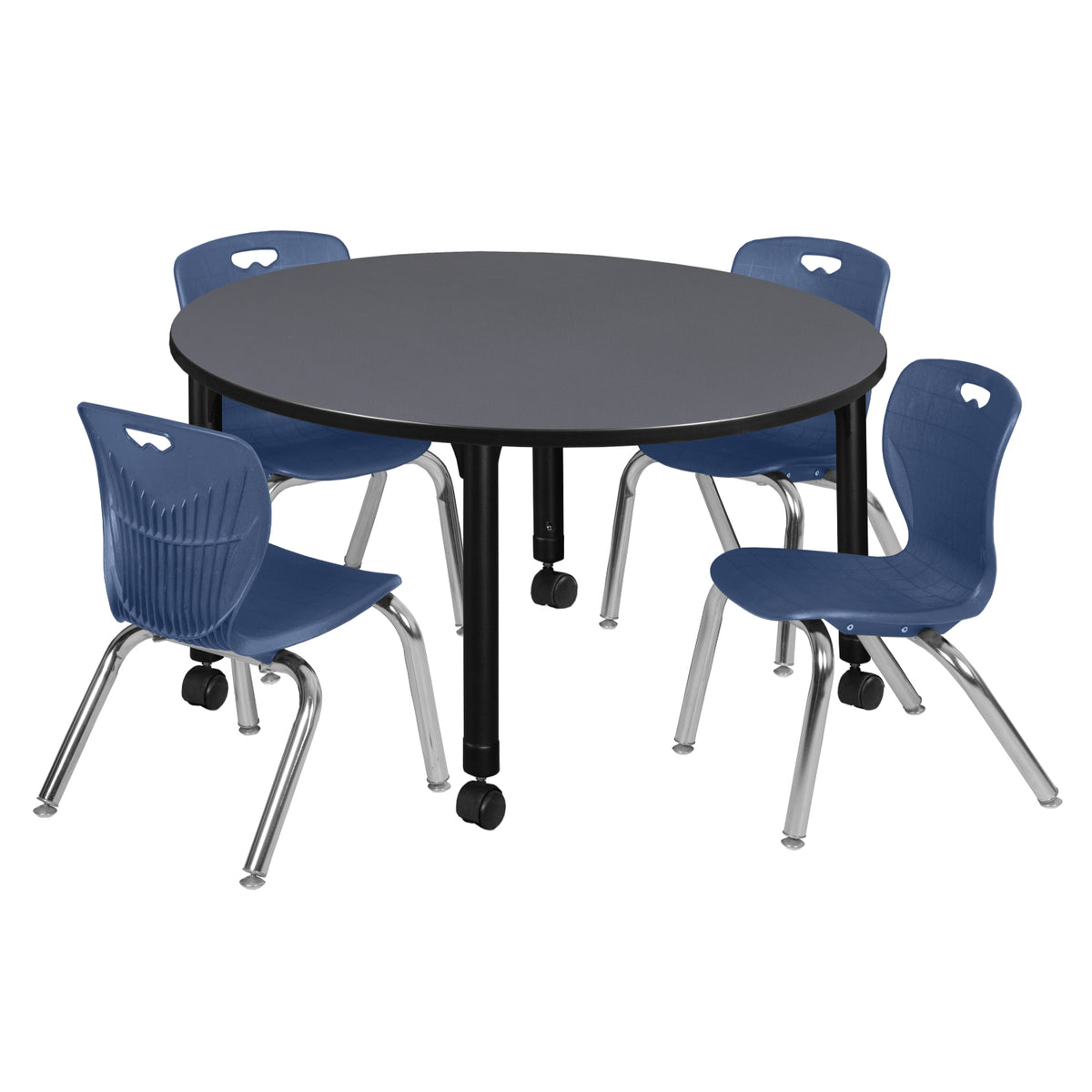 Kee Classroom Table and Chair Package, Kee 48" Round Mobile Adjustable Height Table with 4 Andy 12" Stack Chairs