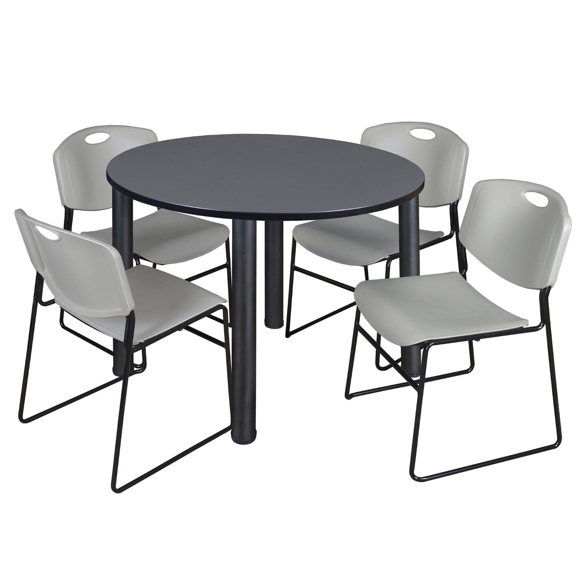 Kee Round Breakroom Table and Chair Package, Kee 48" Round Post-Leg Breakroom Table with 4 Zeng Stack Chairs