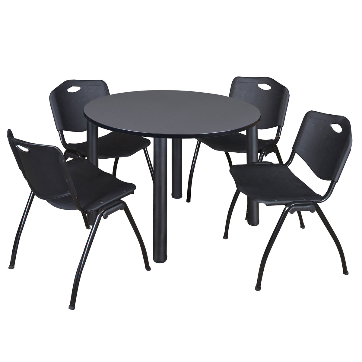 Kee Round Breakroom Table and Chair Package, Kee 48" Round Post-Leg Breakroom Table with 4 "M" Stack Chairs