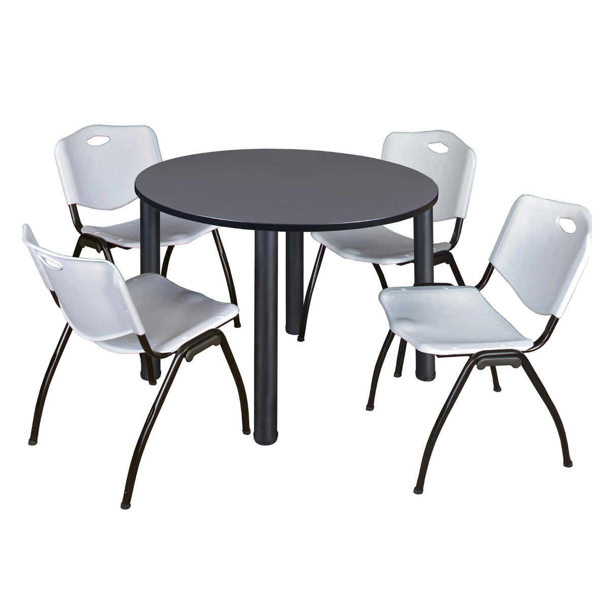 Kee Round Breakroom Table and Chair Package, Kee 48" Round Post-Leg Breakroom Table with 4 "M" Stack Chairs