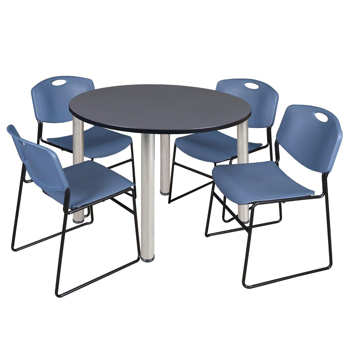 Kee Round Breakroom Table and Chair Package, Kee 48" Round Post-Leg Breakroom Table with 4 Zeng Stack Chairs