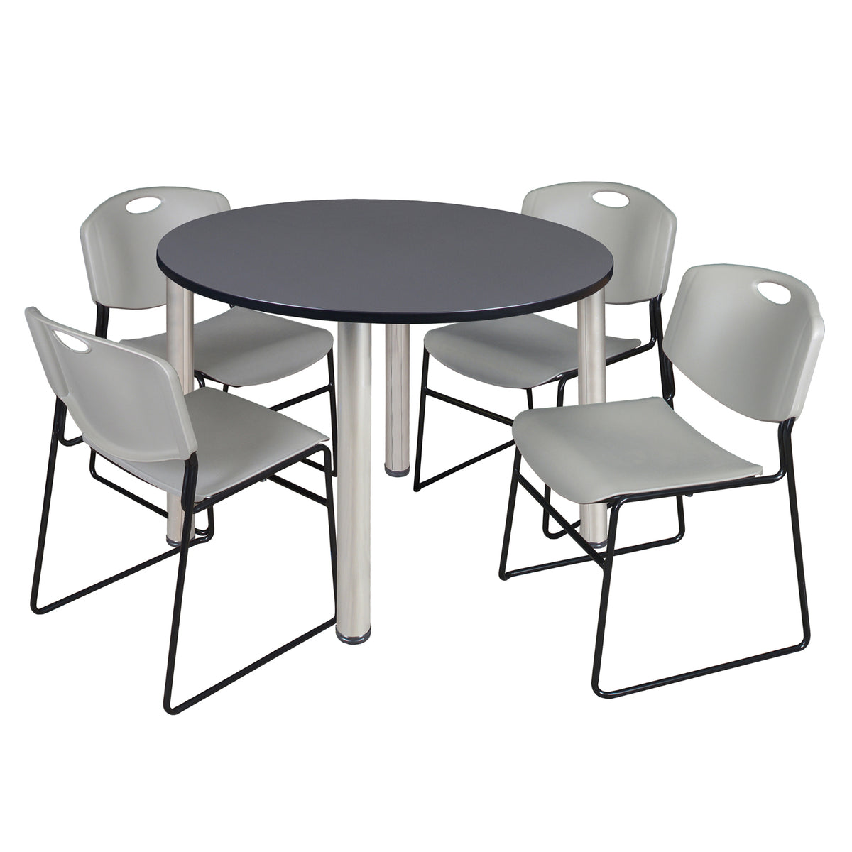 Kee Round Breakroom Table and Chair Package, Kee 48" Round Post-Leg Breakroom Table with 4 Zeng Stack Chairs